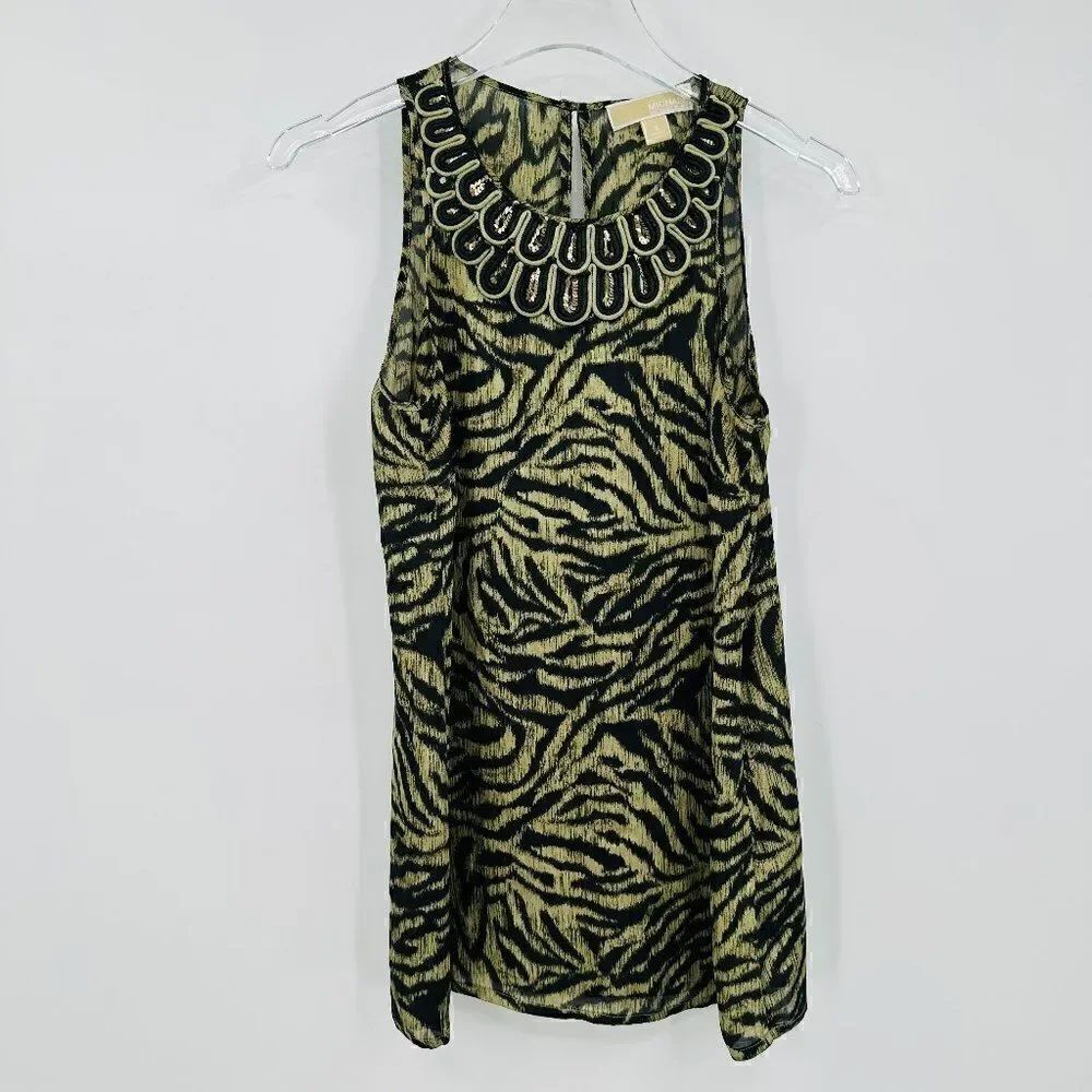 MK Michael Kors Size Small Green & Black Sleeveless Animal Print Blouse Top